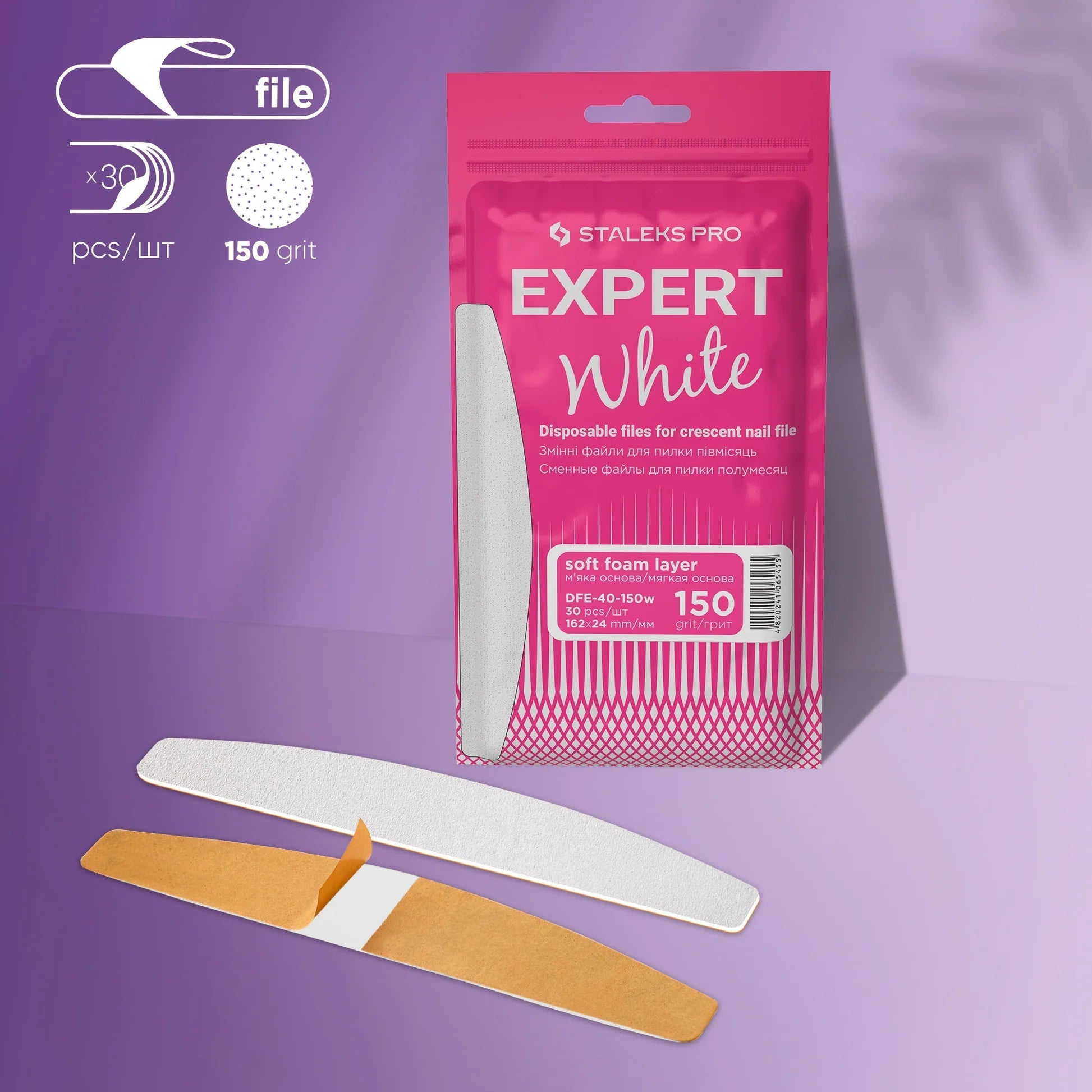 STALEKS EXPERT 40 | Adhesive Nail Files for Crescent Base | 150 Grit | 30 pcs | DFE-40-150w