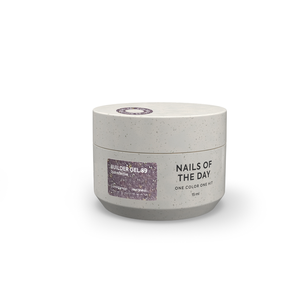 NAILSOFTHEDAY Builder Gel 89 – gel de construction lavande froid, réfléchissant la lumière, avec un éclat opalescent pour l'extension des ongles.