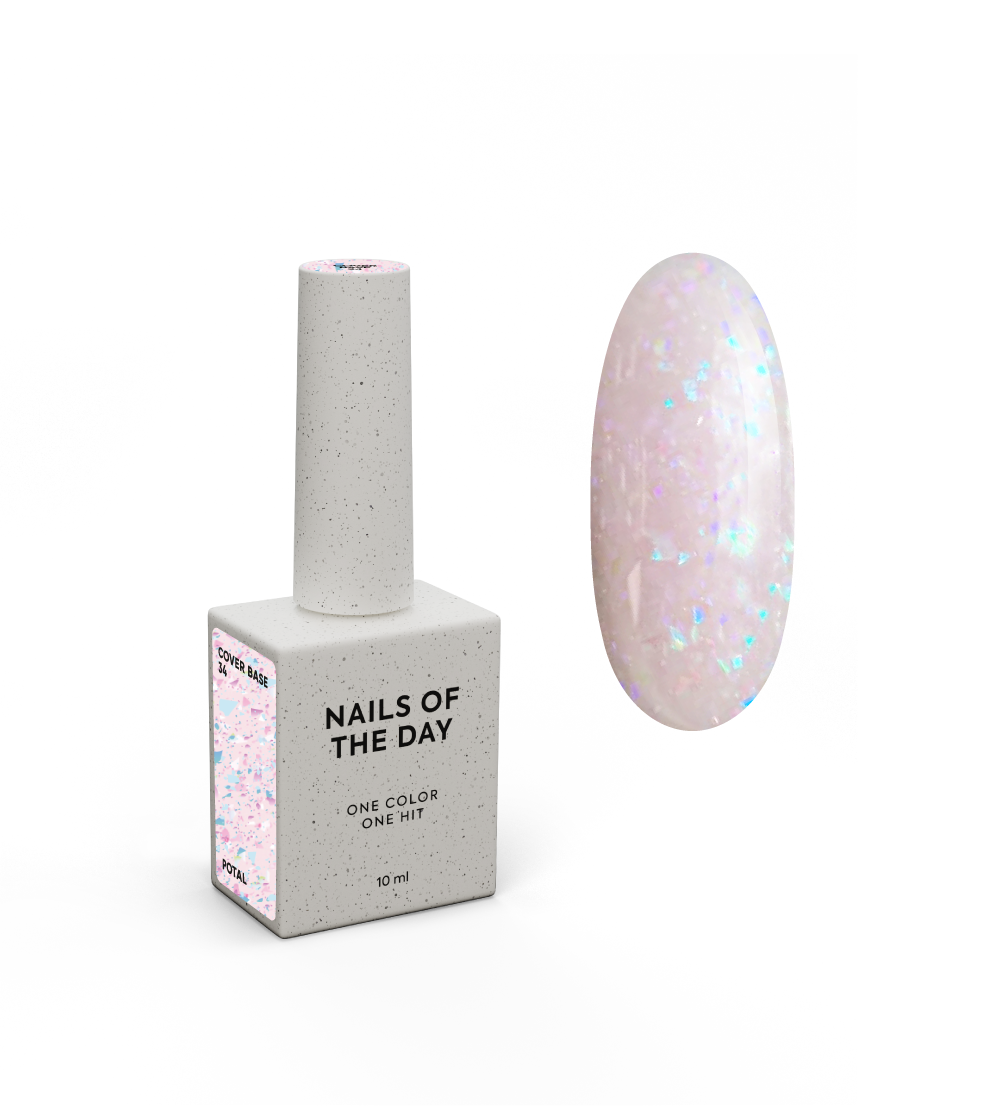 NAILSOFTHEDAY Cover Base 34 Potal – Base coat rose pâle avec feuilles de Potal holographiques pour ongles, 10 ml.