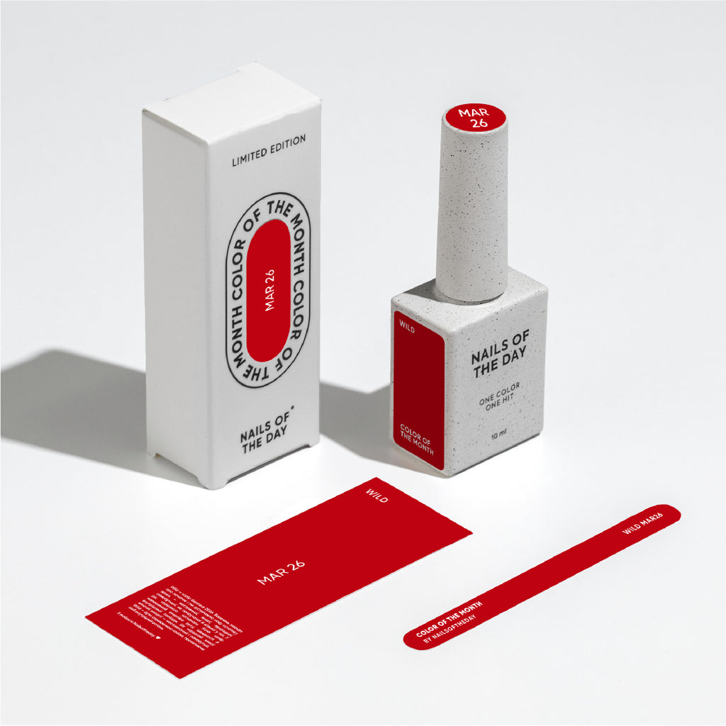 NAILSOFTHEDAY Color of the Month March 2026 Wild – intensely vibrant red gel nail polish, opaque in one coat.