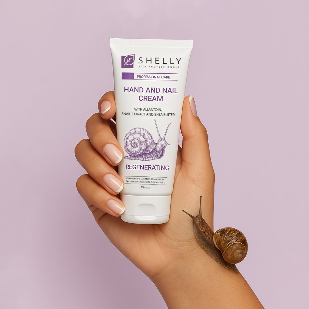 Crème mains et ongles à l'allantoïne, à l'extrait d'escargot et au beurre de karité Shelly.