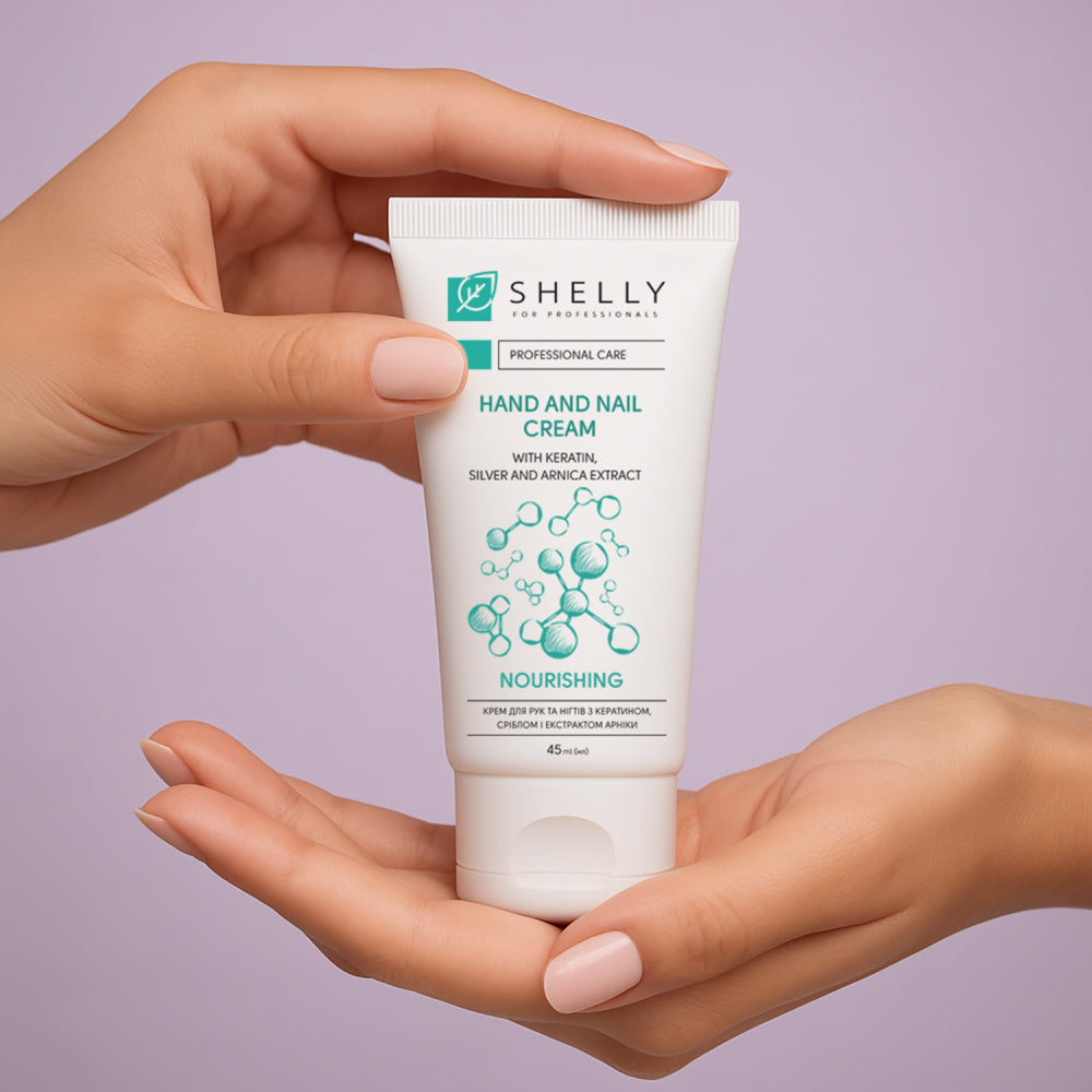 Shelly Hand and Nail Cream with Keratin, Silver, and Arnica Extract.