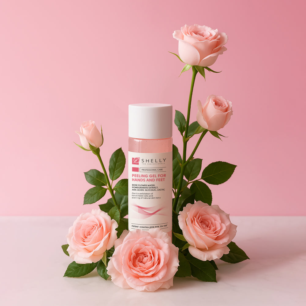 Shelly Peeling Gel (Gommage) for hands and feet with rose hydrolat, pomegranate extract, and AHA acids.